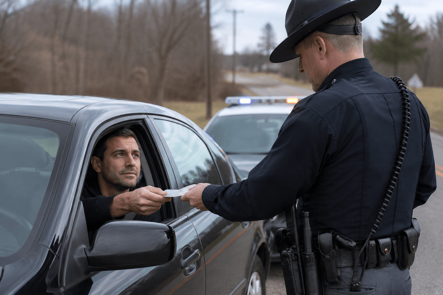 Driver handing documents to a police officer during a Pennsylvania traffic stop